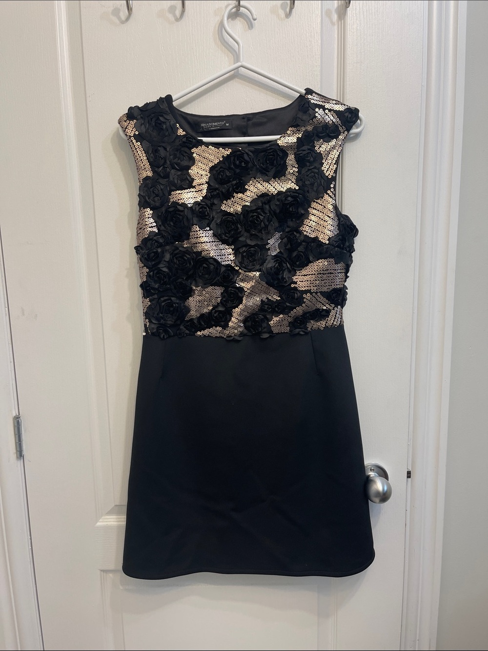 Rinascimento Black Mini Dress with Gold Sequin Bodice and Black Floral Appliqué